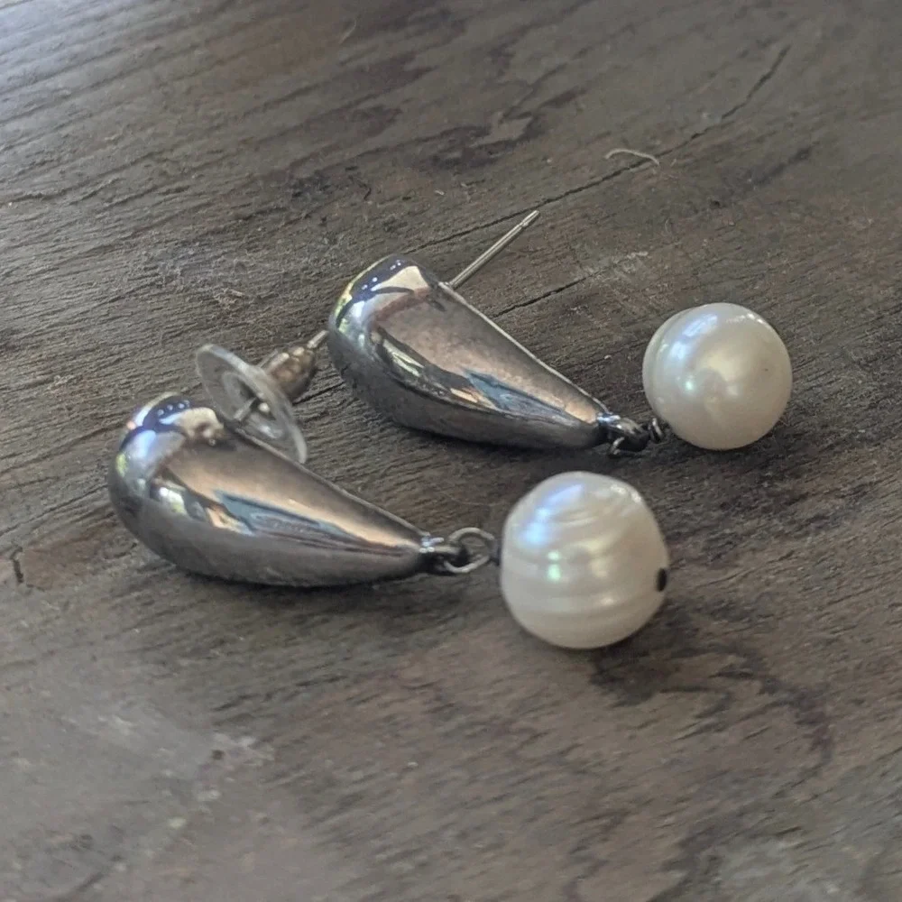 Sterling Silver Teardrop Baroque Freshwater Pearl Drop‎ Earrings 925 Modernist